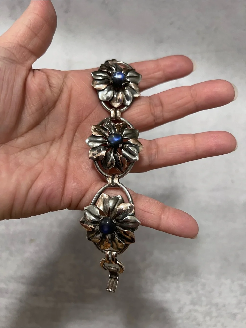 Vintage Kreisler Sterling Silver & Blue Stone Flower Link Bracelet